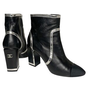 Chanel Interlocking C Black Leather and Grosgrain Ankle Booties EU 37.5 US 6.5-7
